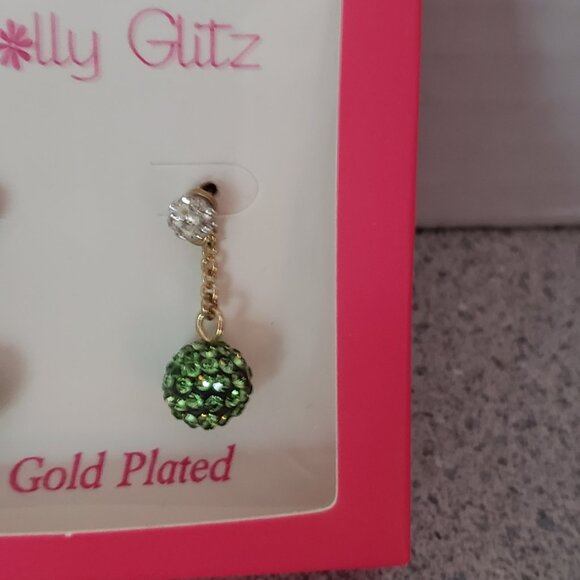 Molly Glitz 14k Gold Plated Lime White Crystal Ball Dangle Earrings - Picture 5 of 7